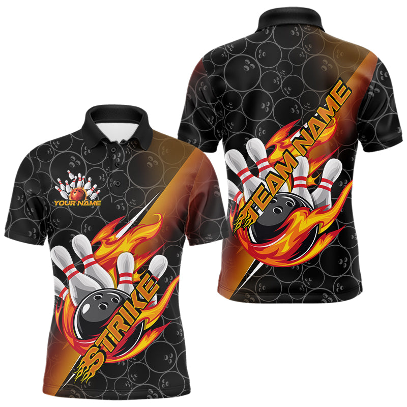 Custom Black And Red Orange Flame Strike Bowling Men Polo Shirts, Bowling Ball Pattern Shirt IPHW8781
