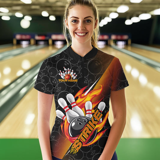 Custom Black And Red Flame Strike Bowling Women Quarter-Zip Shirts, Bowling Ball Pattern IPHW8781
