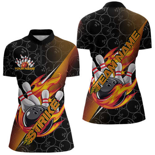 Custom Black And Red Flame Strike Bowling Women Quarter-Zip Shirts, Bowling Ball Pattern IPHW8781