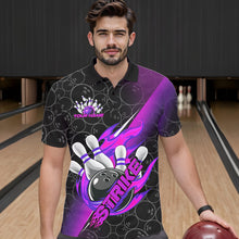 Load image into Gallery viewer, Custom Black And Blue Purple Flame Strike Bowling Men Polo Shirts, Bowling Ball Pattern Shirt IPHW8782
