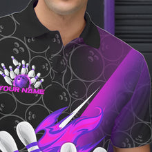 Load image into Gallery viewer, Custom Black And Blue Purple Flame Strike Bowling Men Polo Shirts, Bowling Ball Pattern Shirt IPHW8782