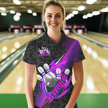 Load image into Gallery viewer, Custom Black And Blue Purple Flame Strike Bowling Women Polo Shirts, Bowling Ball Pattern IPHW8782