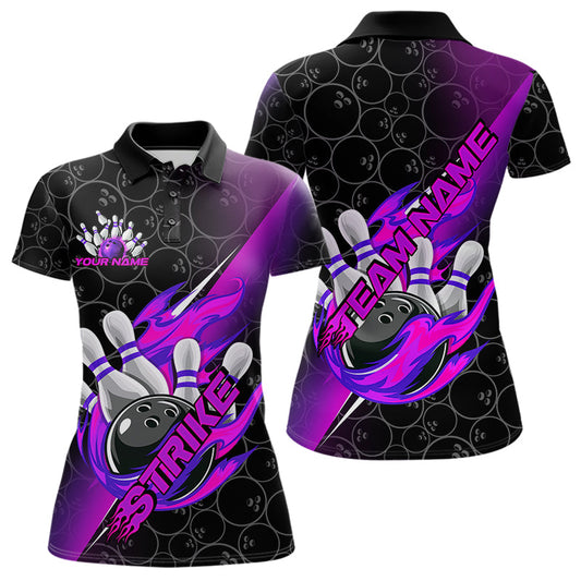Custom Black And Blue Purple Flame Strike Bowling Women Polo Shirts, Bowling Ball Pattern IPHW8782