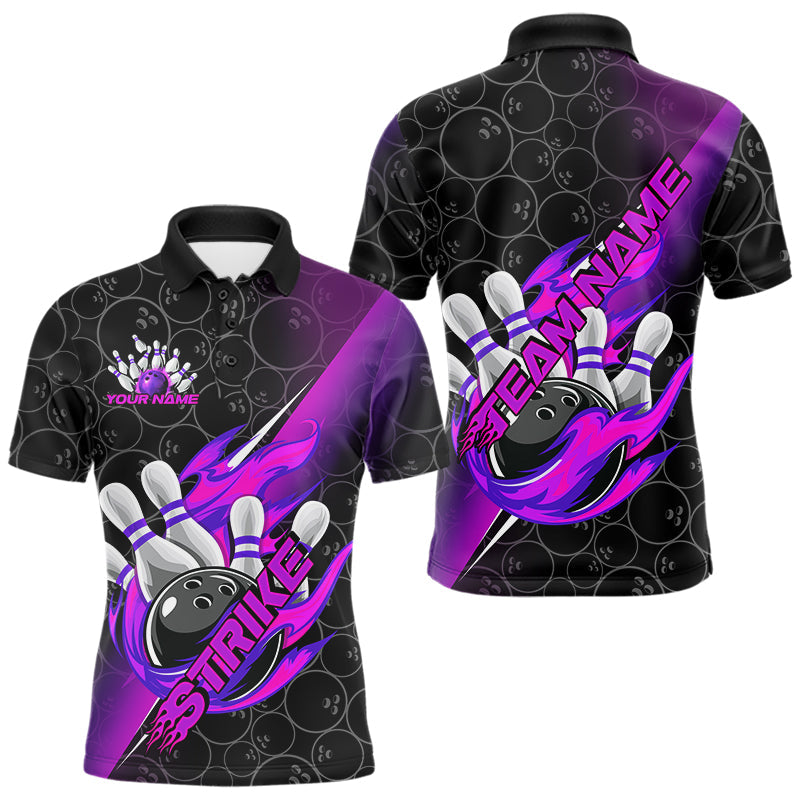 Custom Black And Blue Purple Flame Strike Bowling Men Polo Shirts, Bowling Ball Pattern Shirt IPHW8782