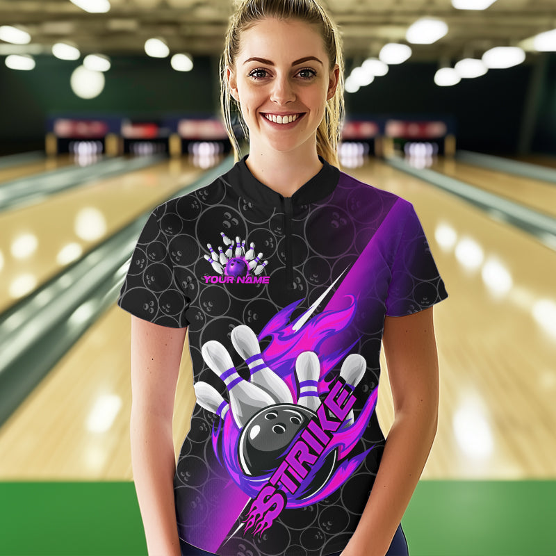 Custom Black And Blue Purple Flame Strike Bowling Women Quarter-Zip Shirts IPHW8782