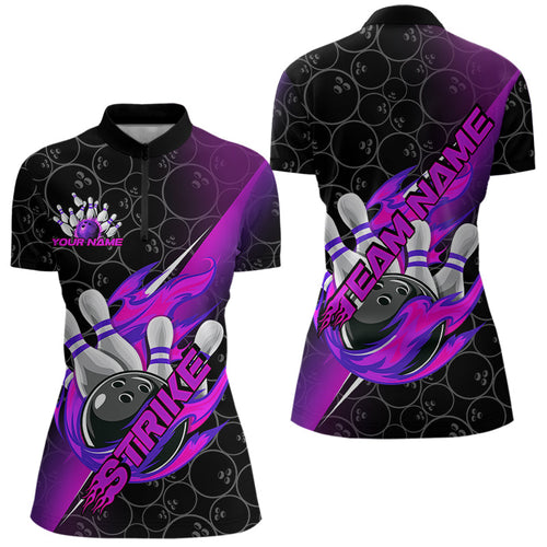 Custom Black And Blue Purple Flame Strike Bowling Women Quarter-Zip Shirts IPHW8782