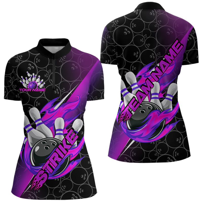 Custom Black And Blue Purple Flame Strike Bowling Women Quarter-Zip Shirts IPHW8782