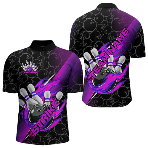 Custom Black And Blue Purple Flame Strike Bowling Men Quarter-Zip Shirt, Bowling Ball Pattern Shirt IPHW8782