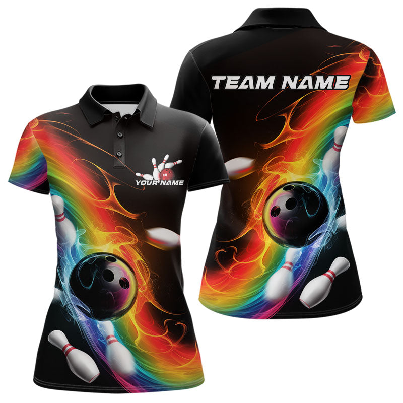 Custom Colorful Rainbow Flame Bowling Team Polo Shirts For Women, Bowling Tournament Outfit IPHW8783