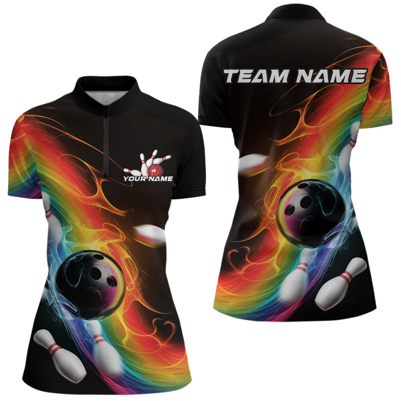 Custom Colorful Rainbow Flame Bowling Team Quarter-Zip Shirts For Women, Bowlers Outfits IPHW8783