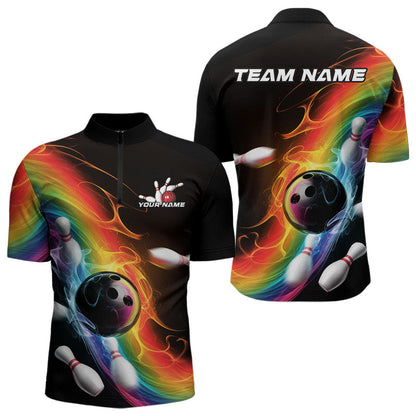Custom Colorful Rainbow Flame Bowling Team Quarter-Zip Shirts For Men, Bowling Tournament Outfits IPHW8783