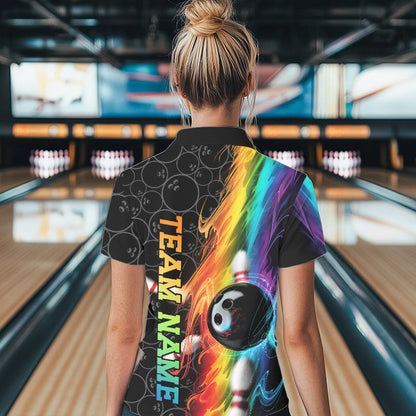 Custom Colorful Rainbow Flame Bowling Team Polo Shirts For Women, Bowling Tournament Outfit IPHW8784