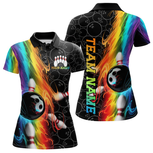 Custom Colorful Rainbow Flame Bowling Team Polo Shirts For Women, Bowling Tournament Outfit IPHW8784