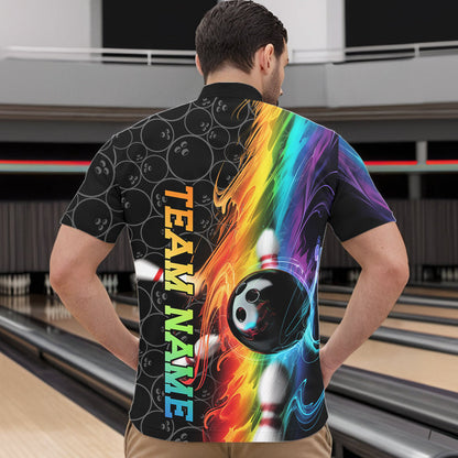 Custom Colorful Rainbow Flame Bowling Team Quarter-Zip Shirts For Men, Bowling Tournament Outfits IPHW8784