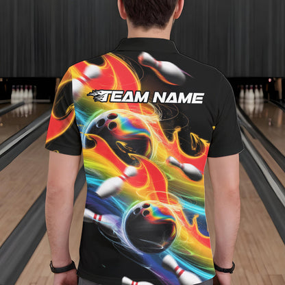 Custom Rainbow Flame Bowling Team Polo Shirts For Men, Colorful Bowling League Shirt IPHW8786