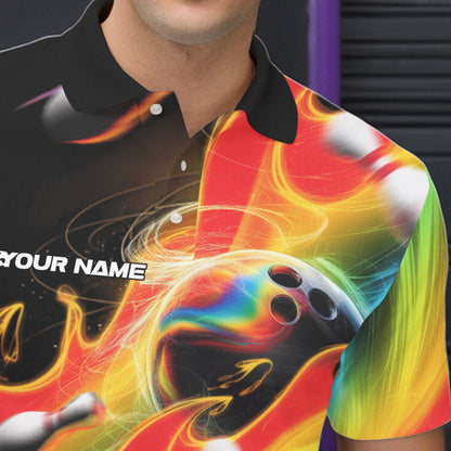 Custom Rainbow Flame Bowling Team Polo Shirts For Men, Colorful Bowling League Shirt IPHW8786