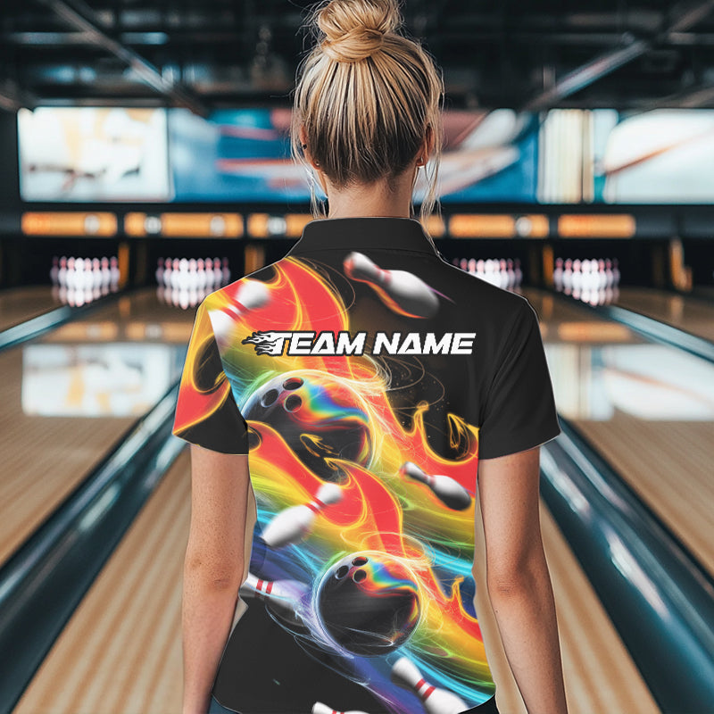Custom Rainbow Flame Bowling Team Polo Shirts For Women, Colorful Bowling League Shirt IPHW8786