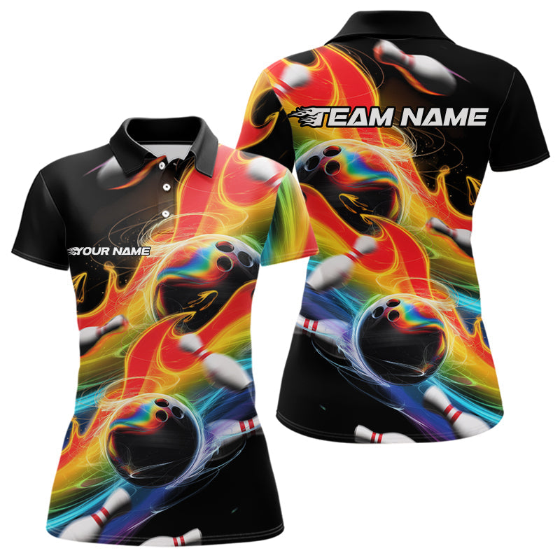 Custom Rainbow Flame Bowling Team Polo Shirts For Women, Colorful Bowling League Shirt IPHW8786