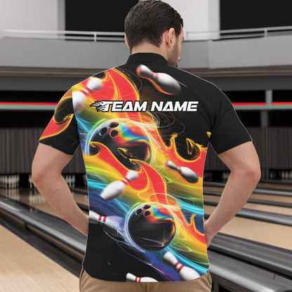 Custom Rainbow Flame Bowling Team Quarter-Zip Shirts For Men, Colorful Bowling League Shirt IPHW8786