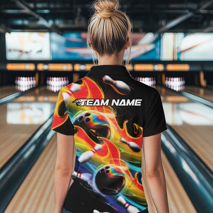 Custom Rainbow Flame Bowling Team Women Quarter-Zip Shirts, Colorful Bowling League Shirt IPHW8786