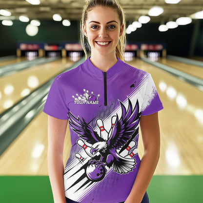 Custom Purple Bowling Jerseys, Eagle Bowling Women Quarter-Zip Shirts Team Bowlers Uniform IPHW8788