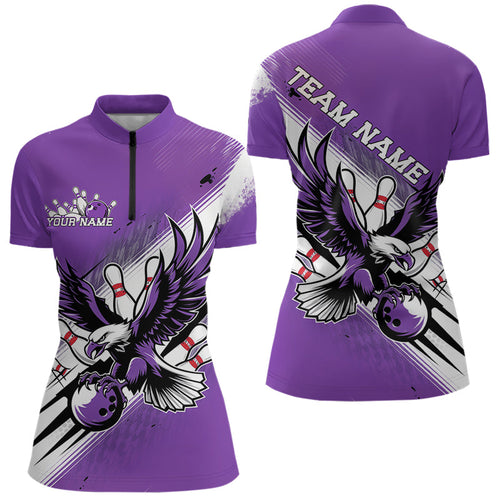 Custom Purple Bowling Jerseys, Eagle Bowling Women Quarter-Zip Shirts Team Bowlers Uniform IPHW8788
