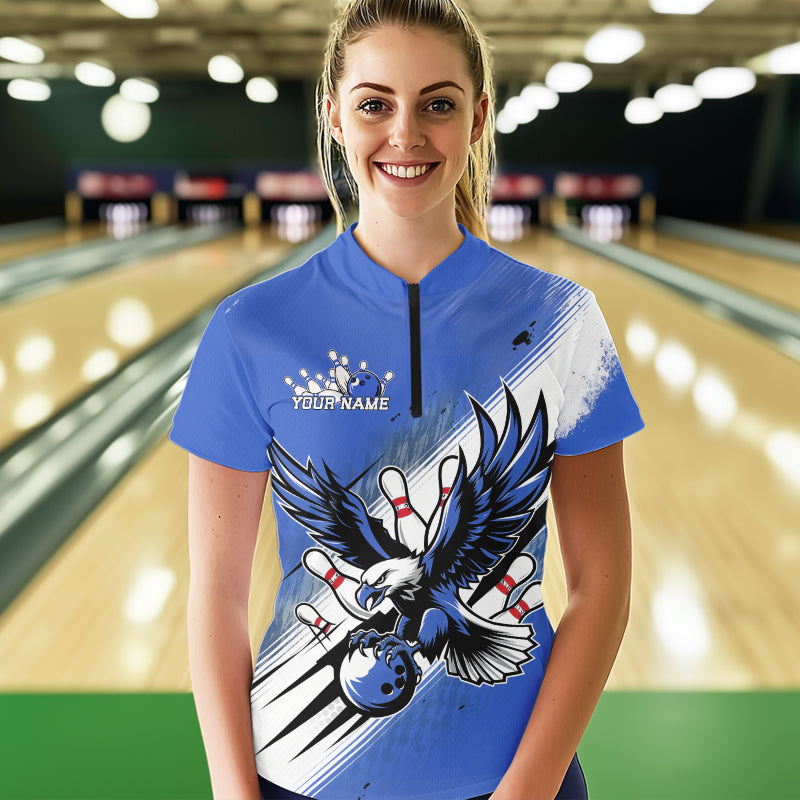 Custom Blue Bowling Jerseys, Eagle Bowling Women Quarter-Zip Shirts Team Bowlers Uniform IPHW8789