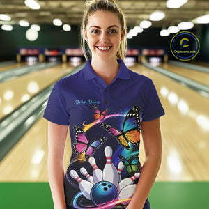 Custom Colorful Butterfly Bowling Women Polo Shirts With Team Name, Bowlers Outfit IPHW9012