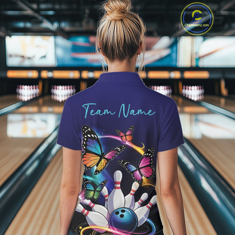 Custom Colorful Butterfly Bowling Women Polo Shirts With Team Name, Bowlers Outfit IPHW9012