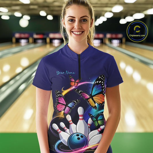 Custom Colorful Butterfly Bowling Women Quarter-Zip Shirts With Team Name, Bowlers Outfit IPHW9012