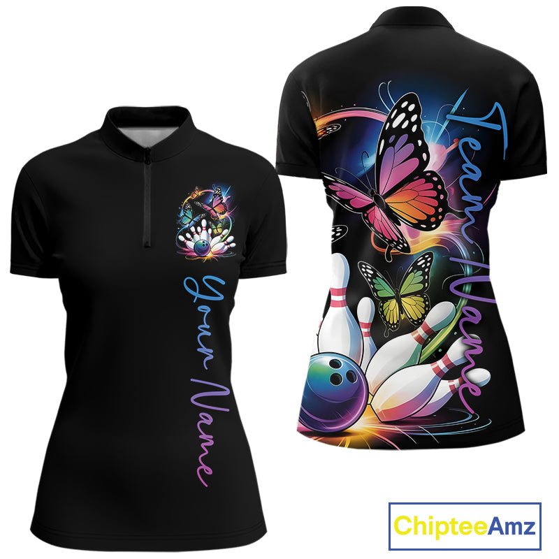Custom Colorful Butterfly Bowling Women Quarter-Zip Shirt With Team Name, Bowling Uniform IPHW9013