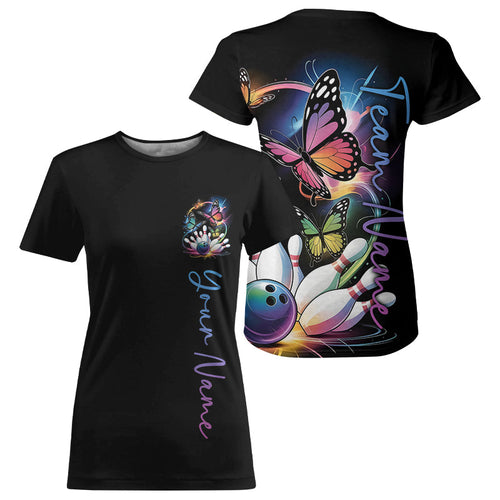 Custom Colorful Butterfly Bowling Women T-Shirts With Team Name, Bowling Uniform IPHW9013