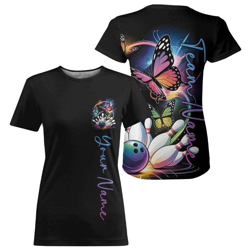 Custom Colorful Butterfly Bowling Women T-Shirts With Team Name, Bowling Uniform IPHW9013