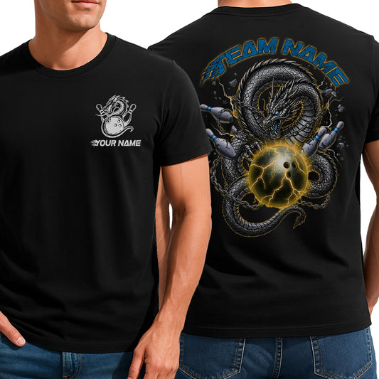 Custom Blue And Yellow Lightning Dragon Bowling T-Shirts For Men, Bold Team Outfit IPHW9061