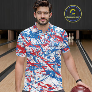 Custom Red, White And Blue Splatter Patriotic Bowling Polo Team Shirts For Men IPHW9263