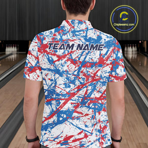 Custom Red, White And Blue Splatter Patriotic Bowling Polo Team Shirts For Men IPHW9263