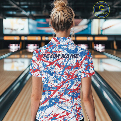 Custom Red, White And Blue Splatter Patriotic Bowling Polo Team Shirts For Women IPHW9263