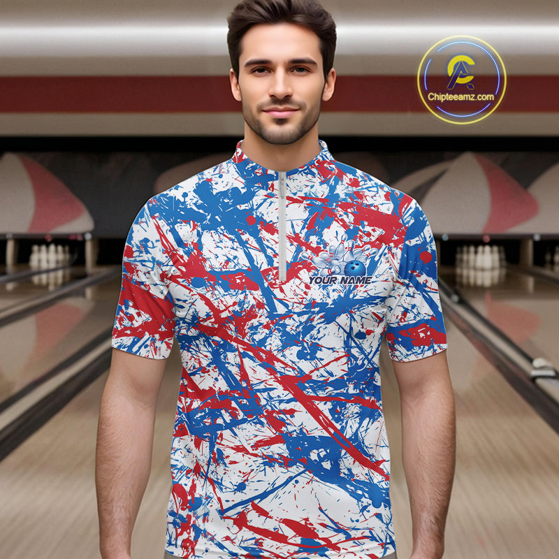 Custom Red, White And Blue Splatter Patriotic Bowling Quarter-Zip Team Shirts For Men IPHW9263