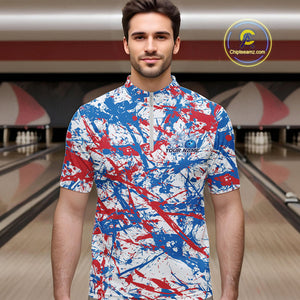 Custom Red, White And Blue Splatter Patriotic Bowling Quarter-Zip Team Shirts For Men IPHW9263