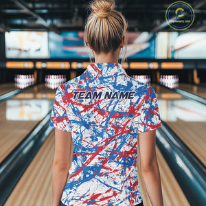 Custom Red, White And Blue Splatter Patriotic Bowling Quarter-Zip Team Shirts For Women IPHW9263