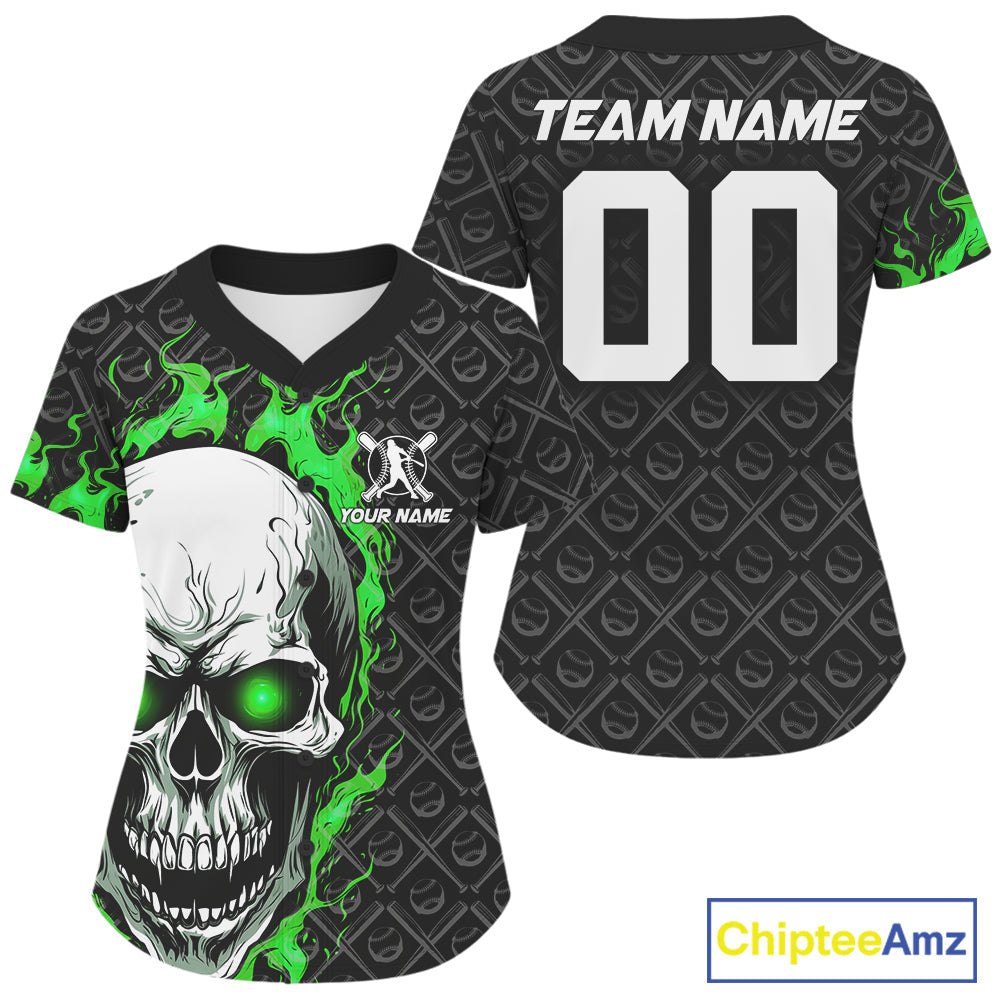 Custom Green Flame Skull Baseball Women Jerseys, Baseball Team Uniform Halloween Outfit IPHW9587