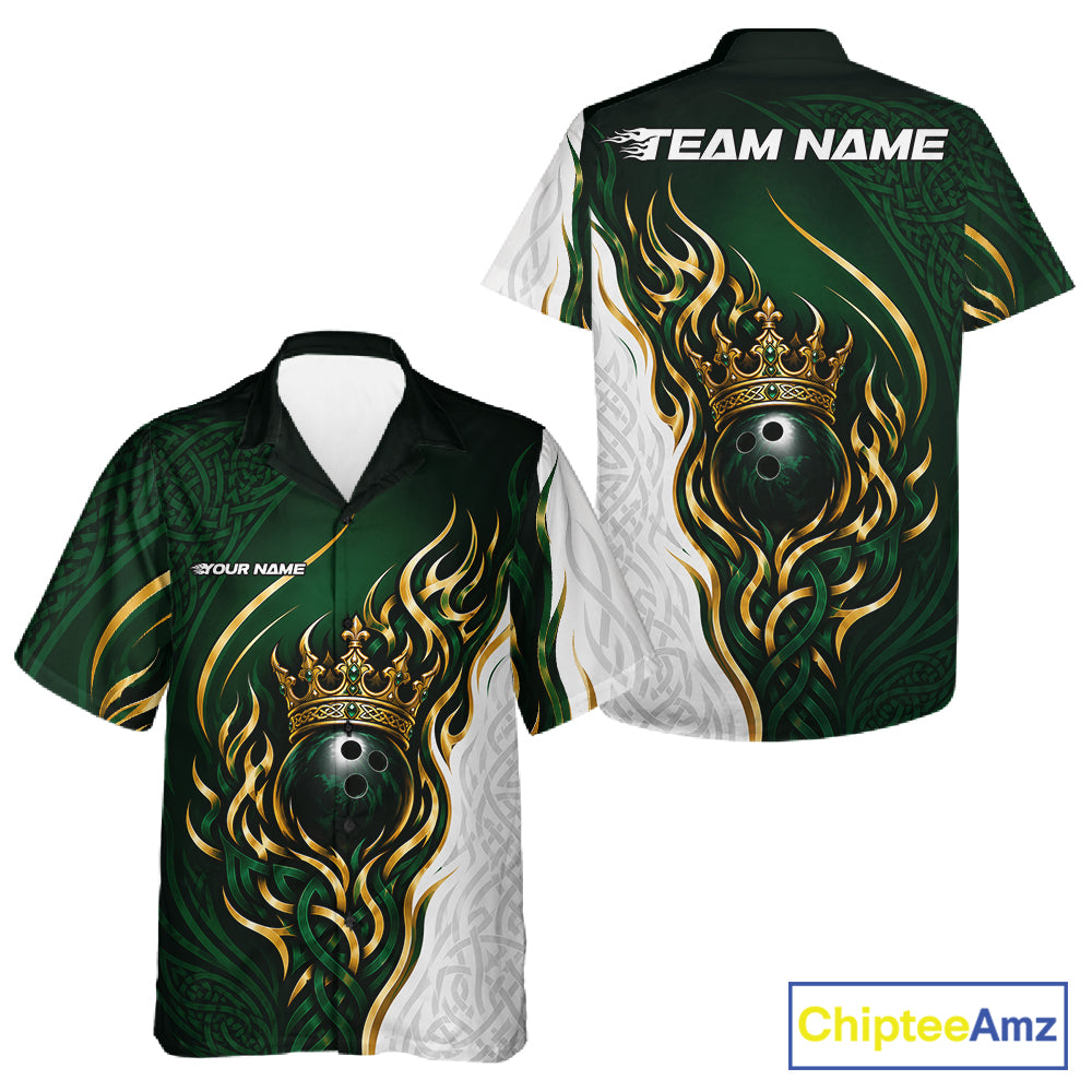 Custom bowling-themed short-sleeve button up shirt shown from both front and back views. The design features a dark green and white base with gold tribal flame patterns, a black bowling ball graphic