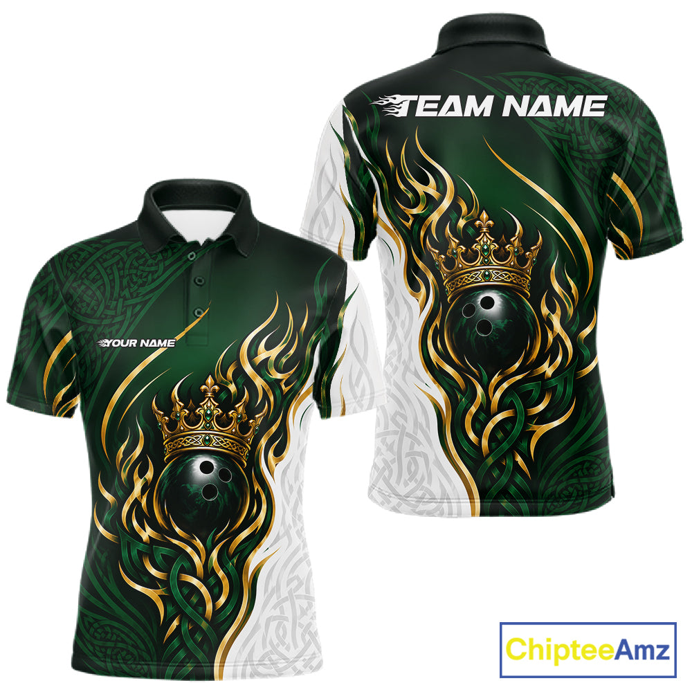 Customizable dark green and white short-sleeve polo shirt with gold tribal flame and crown bowling graphic, shown in front and back views with placeholder text.