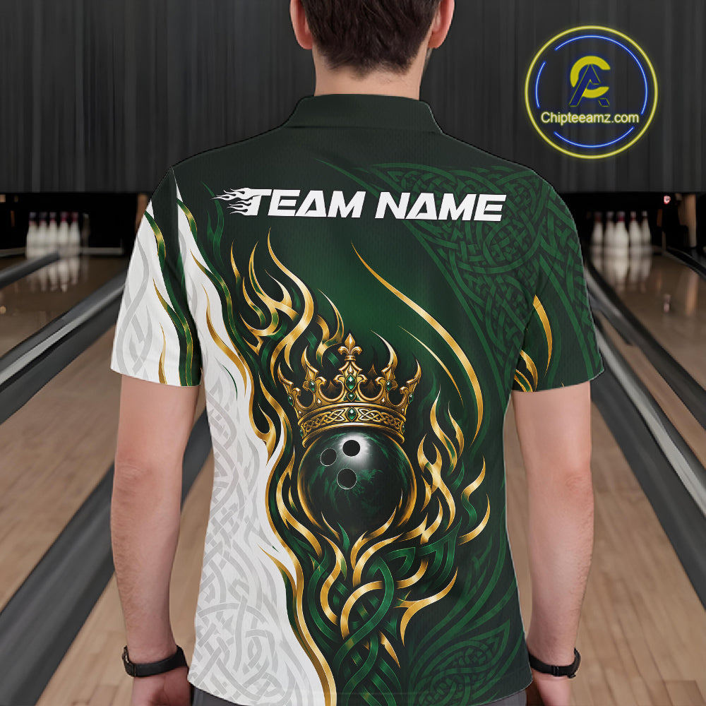 A person viewed from behind wearing a short-sleeve bowling shirt with a green and white design featuring a gold crown, bowling ball, and tribal flame graphic, with 'TEAM NAME' printed across the upper back. 