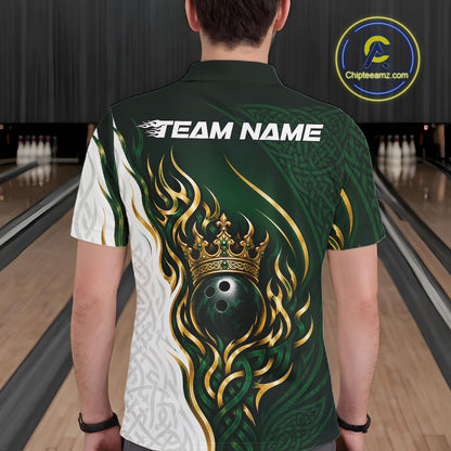 A person viewed from behind wearing a short-sleeve bowling shirt with a green and white design featuring a gold crown, bowling ball, and tribal flame graphic, with 'TEAM NAME' printed across the upper back. 