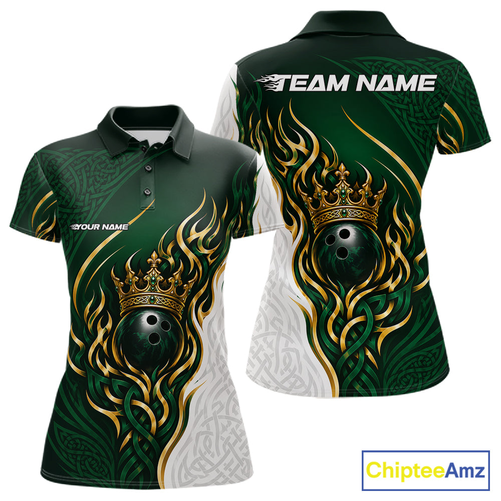 Front and back views of a green and white short-sleeve polo shirt with gold flame and crown graphics, bowling ball design, and customizable text placeholders