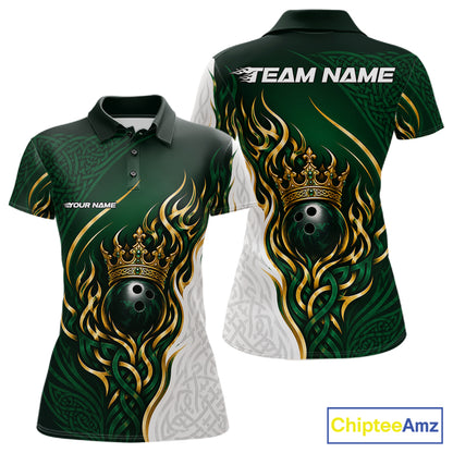 Front and back views of a green and white short-sleeve polo shirt with gold flame and crown graphics, bowling ball design, and customizable text placeholders