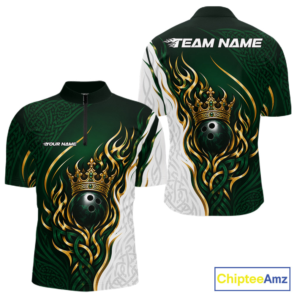 Custom bowling-themed short-sleeve quarter zip shirt jersey shown from both front and back. The design features a dark green and white base with intricate gold tribal flame patterns surrounding a black bowling ball, topped with a gold crown.