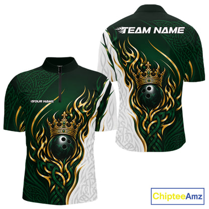 Custom bowling-themed short-sleeve quarter zip shirt jersey shown from both front and back. The design features a dark green and white base with intricate gold tribal flame patterns surrounding a black bowling ball, topped with a gold crown.