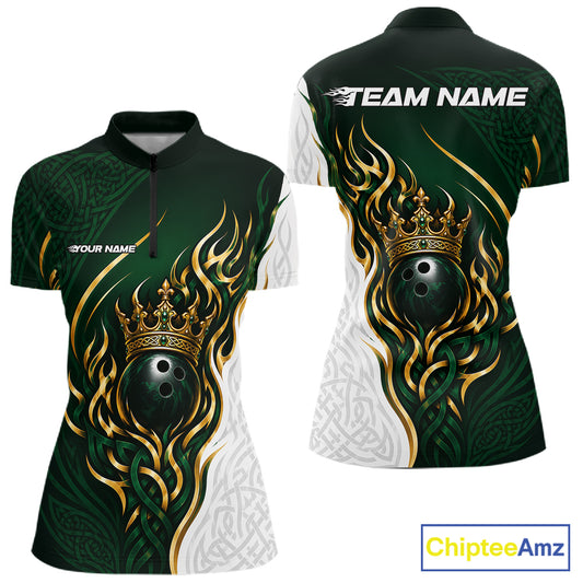 Custom Green Irish Tribal Pattern Bowling Ball With Crown Women Quarter-Zip Team Shirt IPHW11697